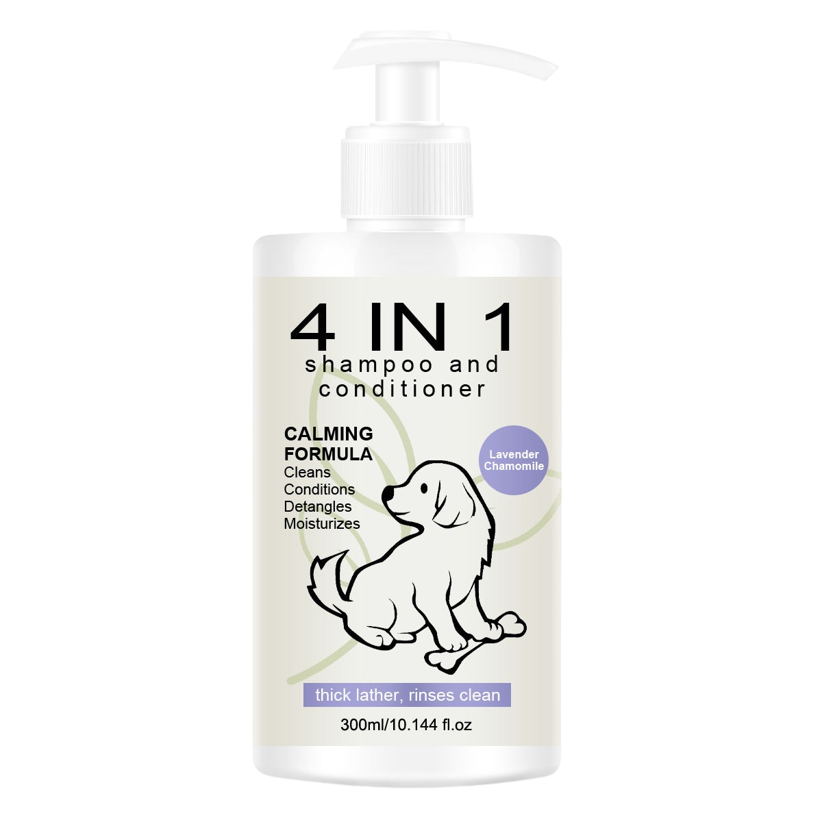The Tailored Tail 4-in-1 pet shampoo and conditioner in a 300ml pump bottle with a calming lavender chamomile formula.