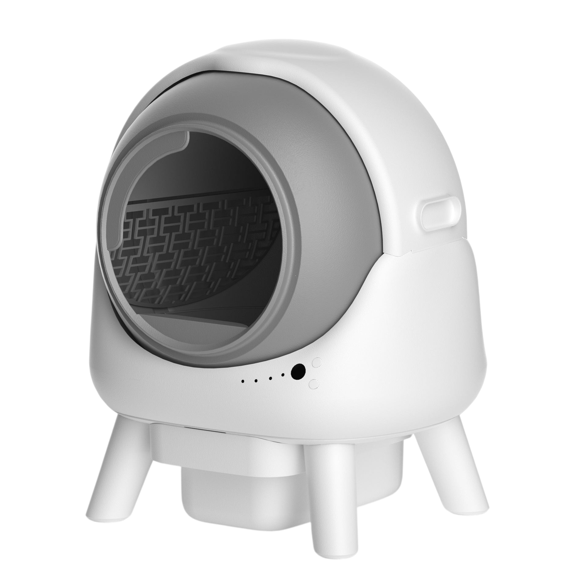 The Tailored Tail self-cleaning cat litter box in white and gray with a modern enclosed design and sturdy legs.