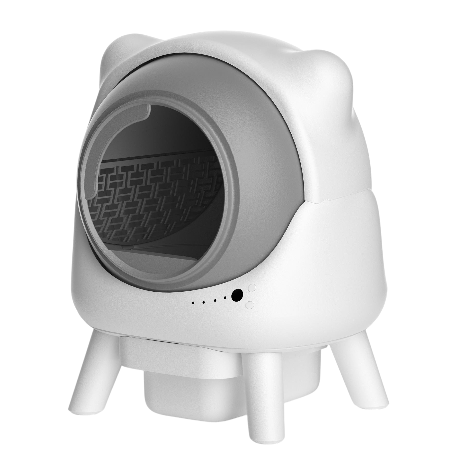 The Tailored Tail self-cleaning cat litter box in white and gray with a cute cat ear design and automatic sensors.