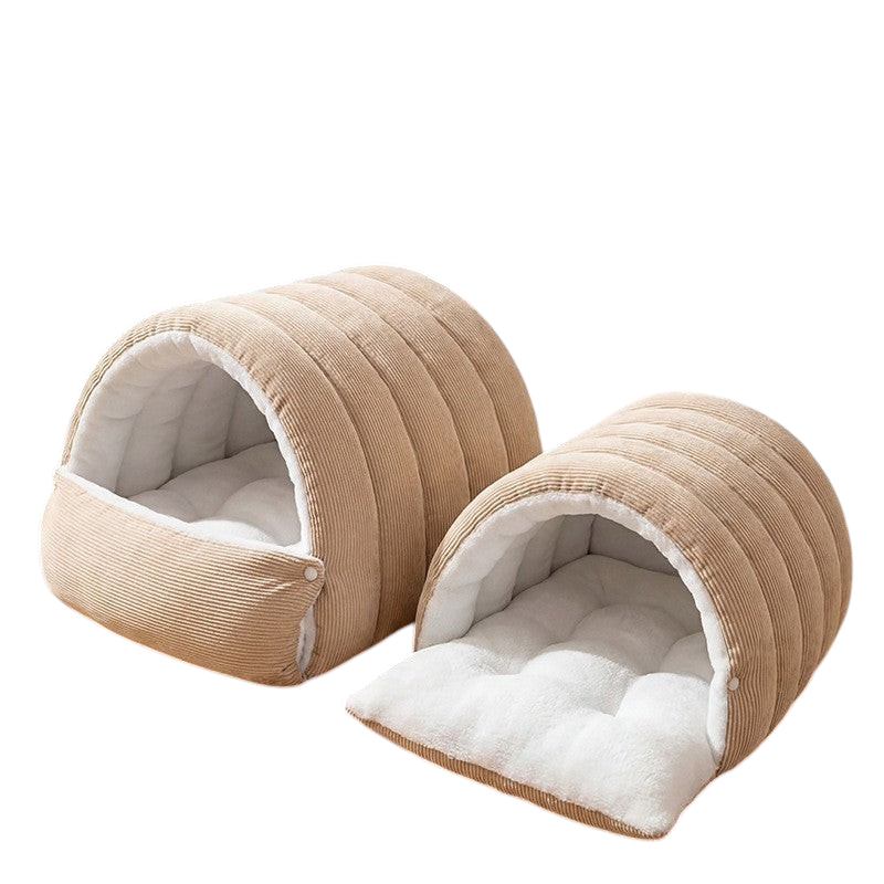 The Tailored Tail washable cat bed set in beige corduroy with soft white plush interior and adjustable snap sides.