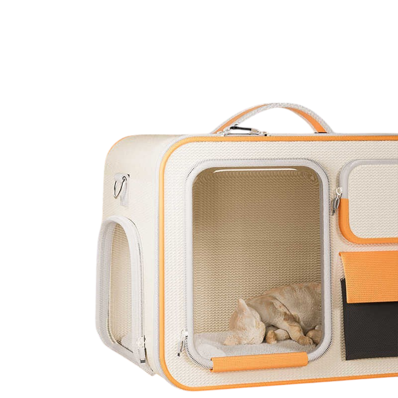 The Tailored Tail beige pet travel trolley bag with a transparent window and a sleeping cat inside, made of Oxford fabric.
