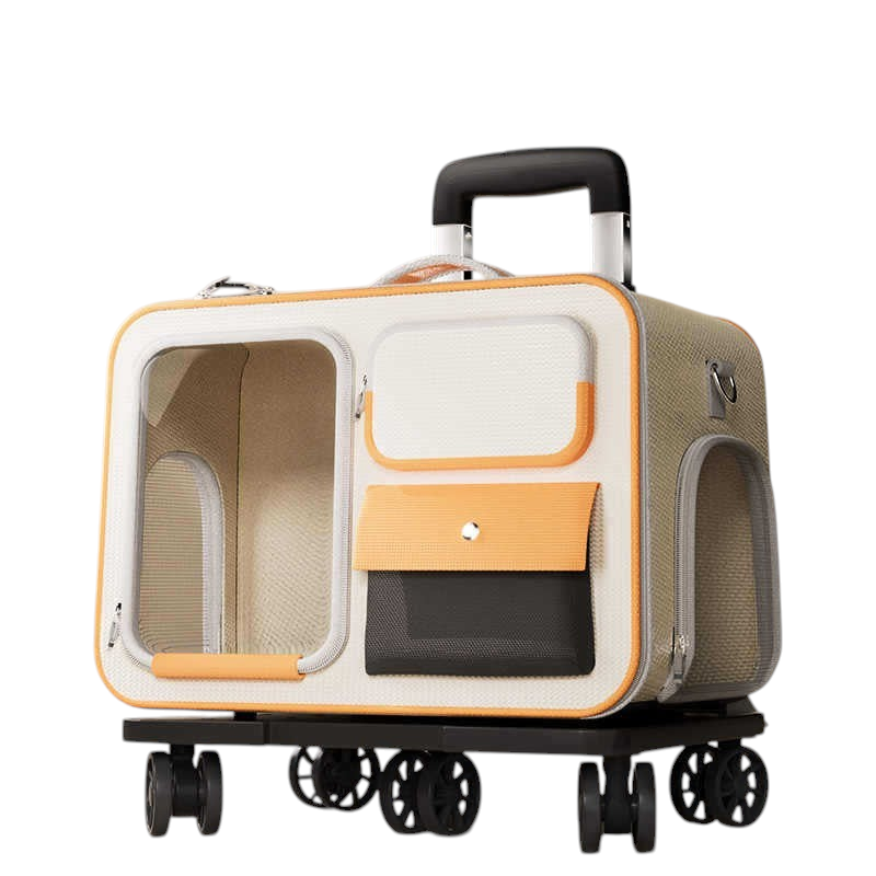 The Tailored Tail beige and orange foldable pet travel trolley bag with a transparent window and durable Oxford fabric.