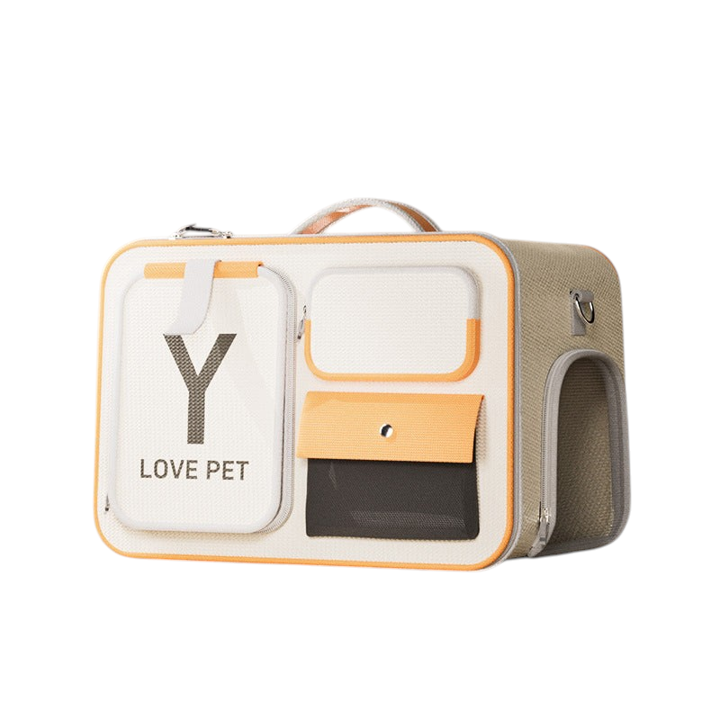 The Tailored Tail beige and yellow Oxford fabric pet travel trolley bag with mesh ventilation and storage pockets.