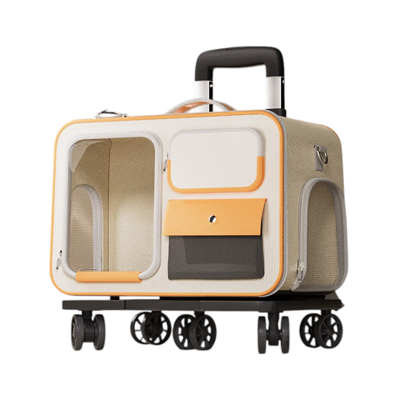 The Tailored Tail beige and yellow Oxford fabric pet travel trolley bag with a transparent window and rolling wheels.