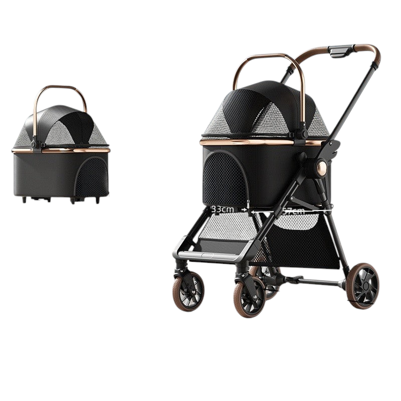 The Tailored Tail black foldable pet stroller with a detachable carrier basket, mesh windows, and gold-tone accents.