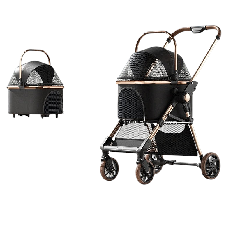 The Tailored Tail black foldable pet stroller with a detachable carrier basket and rose gold frame details.