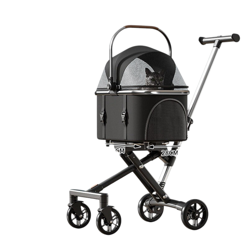 The Tailored Tail premium black foldable pet stroller with a detachable basket and cat inside on a white background