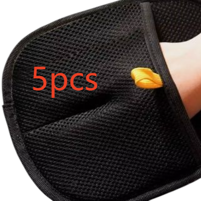 The Tailored Tail black electrostatic pet hair removal glove with mesh fabric and yellow hanging loop