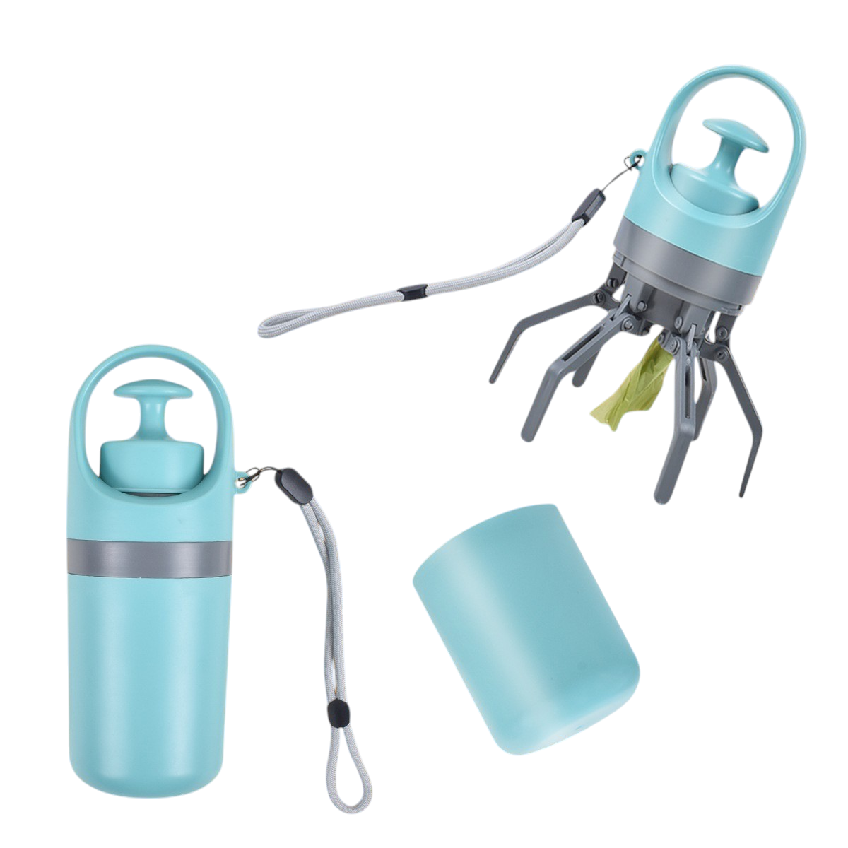 The Tailored Tail blue hands-free pet waste picker with six-claw mechanism and integrated bag dispenser