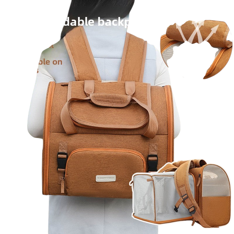 The Tailored Tail brown expandable pet carrier backpack with breathable mesh panels for cats and small dogs.