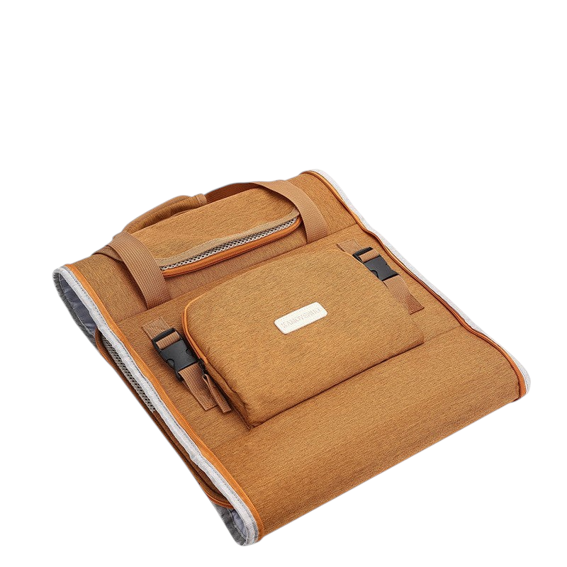 The Tailored Tail brown foldable pet carrier backpack made of durable Oxford fabric, shown in a collapsed state.