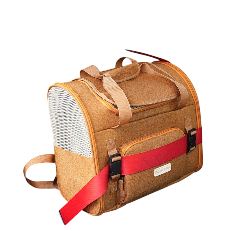 The Tailored Tail brown expandable pet carrier backpack with breathable mesh panels and durable Oxford fabric.