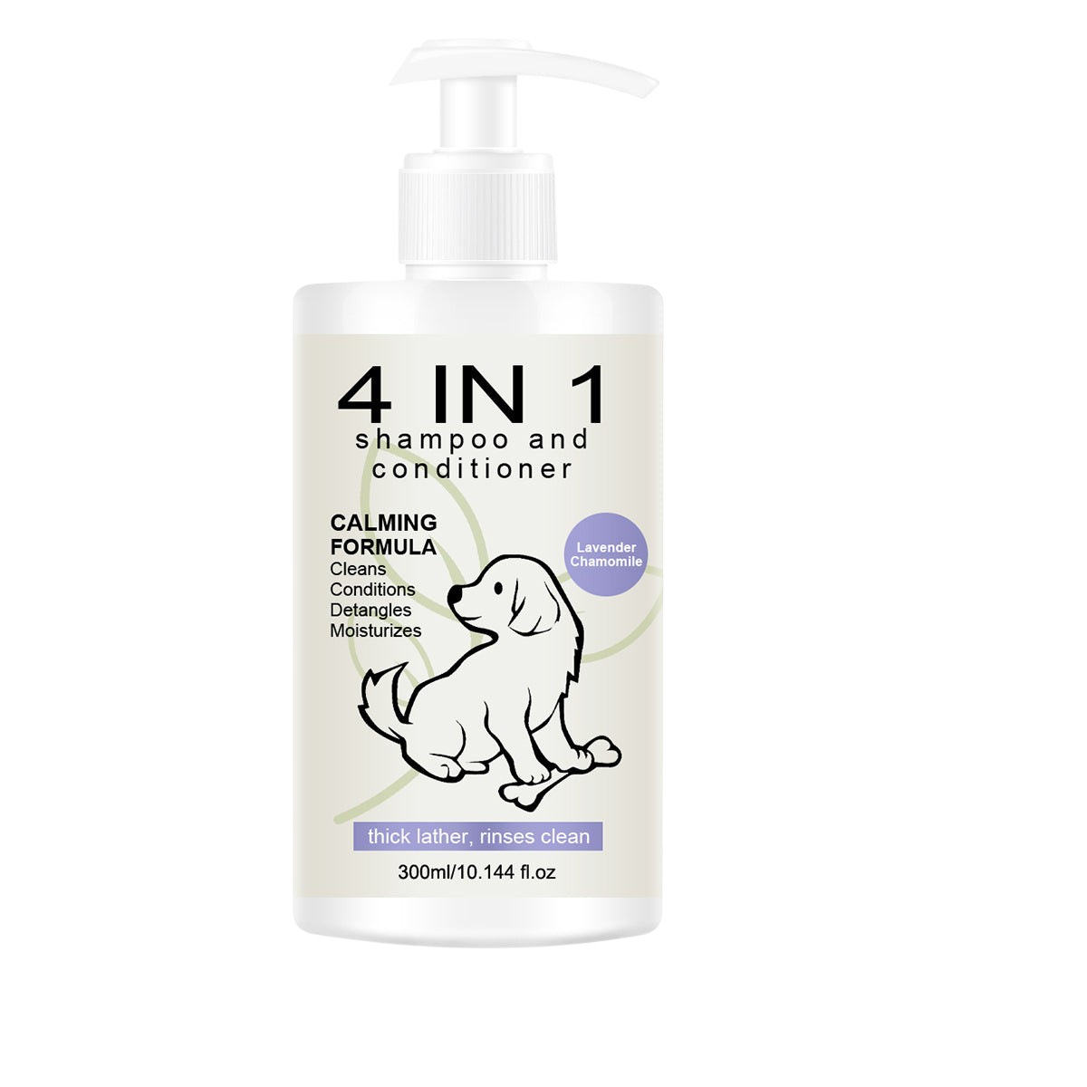 The Tailored Tail 4-in-1 calming pet shampoo and conditioner with lavender and chamomile in a pump bottle.