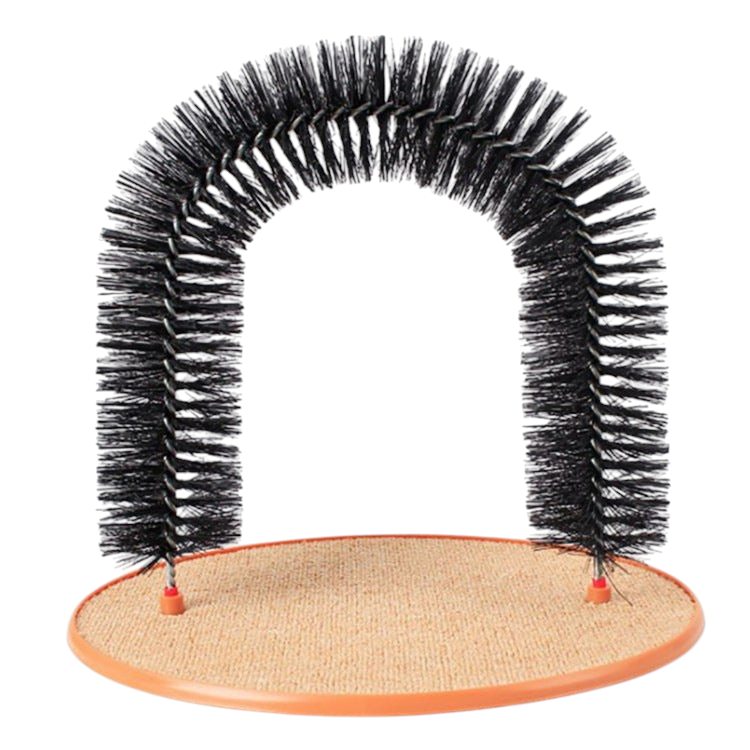 The Tailored Tail cat arch grooming brush with black bristles and a beige textured base for scratching and fur removal