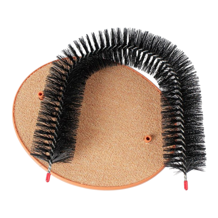 The Tailored Tail cat arch grooming brush with a tan textured base and black bristles for self-grooming and massage.
