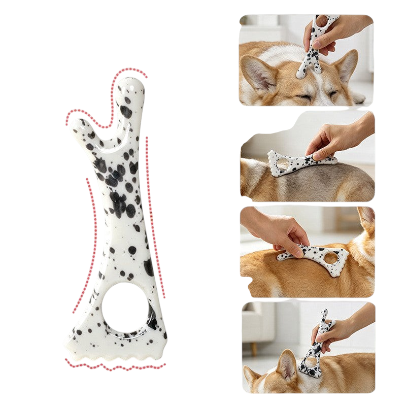 The Tailored Tail ceramic pet massage stick with black and white spots, used for soothing dog muscle relief.