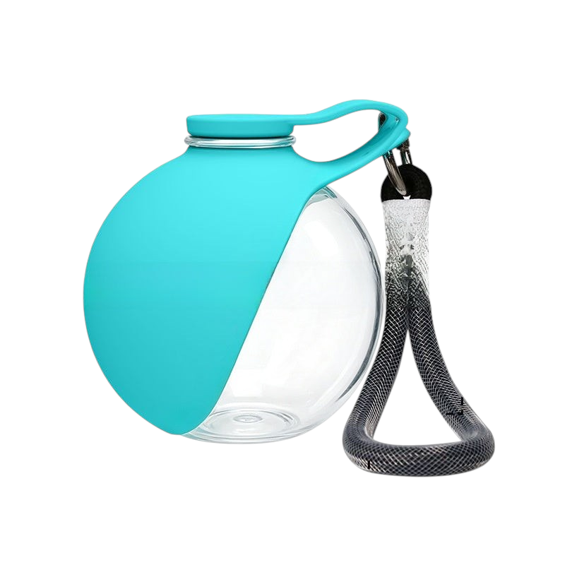 The Tailored Tail collapsible Tiffany blue pet water bottle with a clear circular body and a convenient carrying hook.