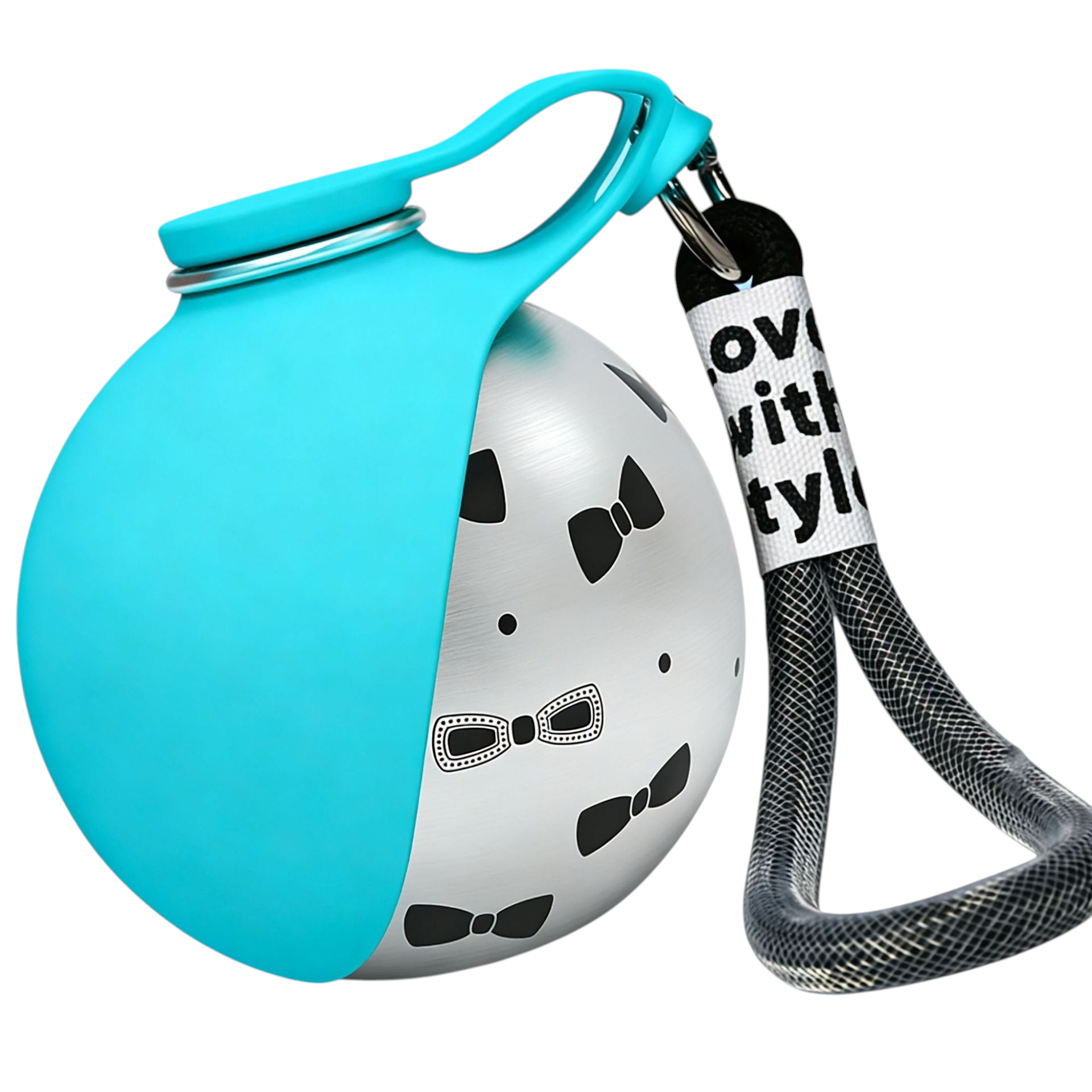 The Tailored Tail collapsible pet water bottle in Tiffany blue with a stainless steel bow tie print and carry strap.