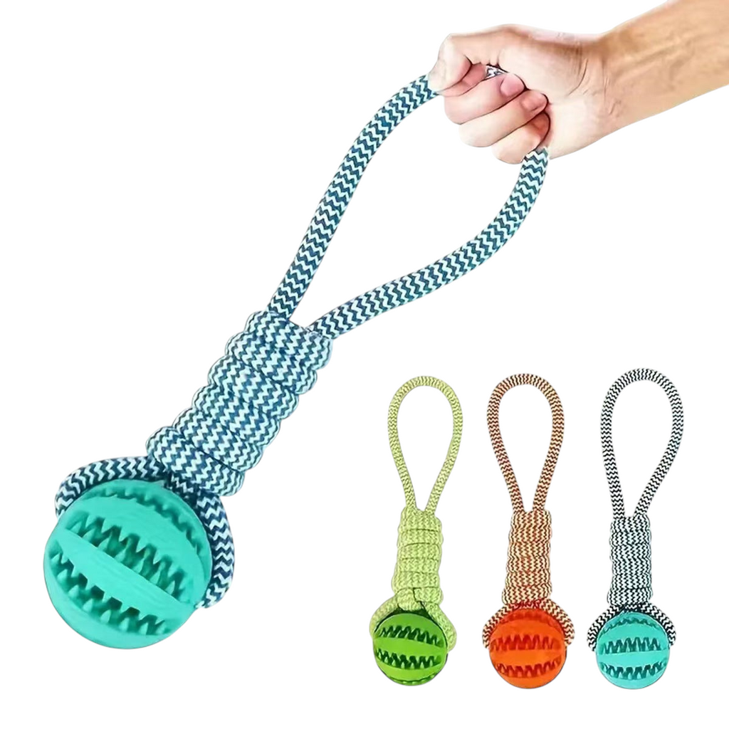 The Tailored Tail dog chew rope and treat dispenser toy with textured TPR balls in green, orange, and blue colors.