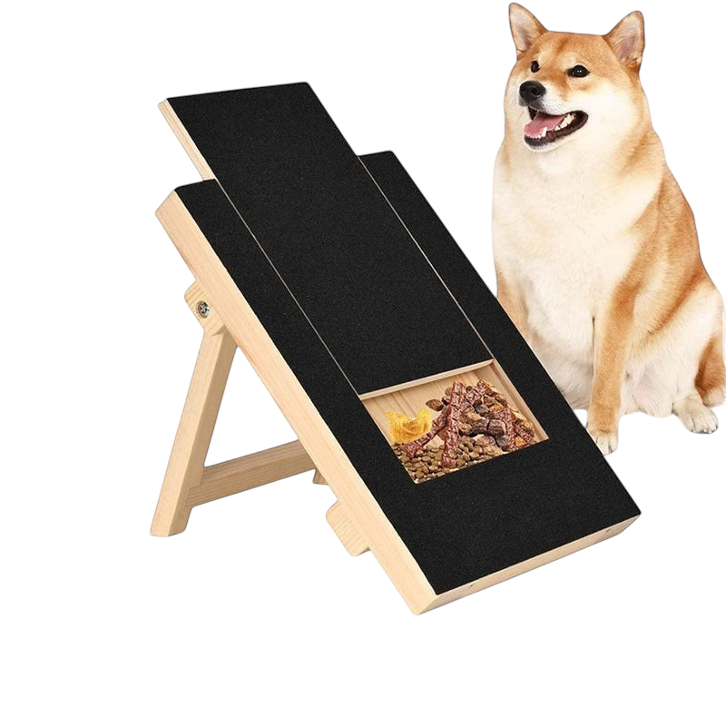 The Tailored Tail No-Shed Scratch Ramp with a black sandpaper surface and wooden frame next to a happy Shiba Inu dog.