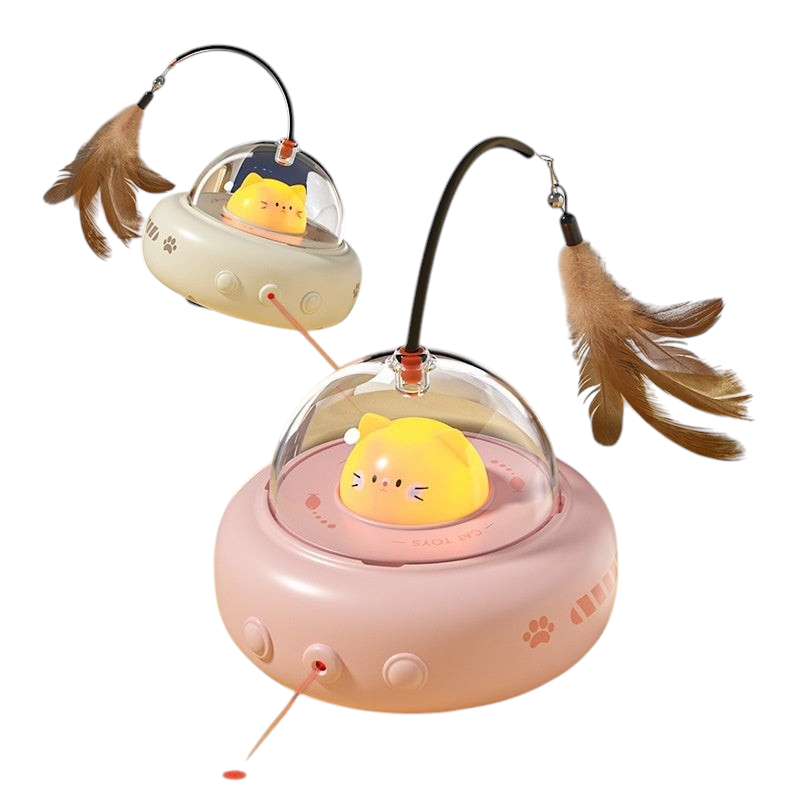 The Tailored Tail electric UFO cat toy in pink and beige with a feather wand, bell, and interactive laser pointer.