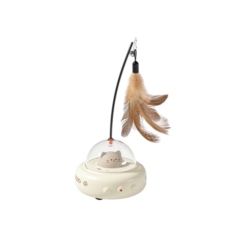The Tailored Tail electric UFO cat teaser toy in milk coffee with a feather wand and bell for interactive play.