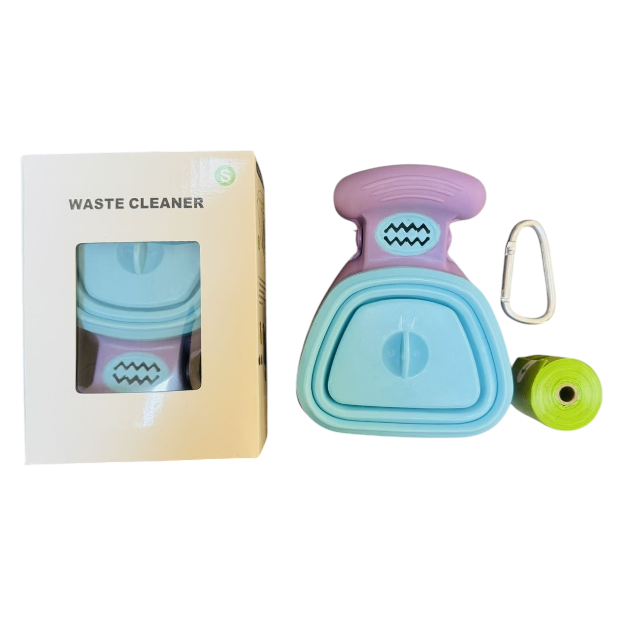 The Tailored Tail foldable blue and purple dog poop scooper with a carabiner and waste bag roll in its packaging box.