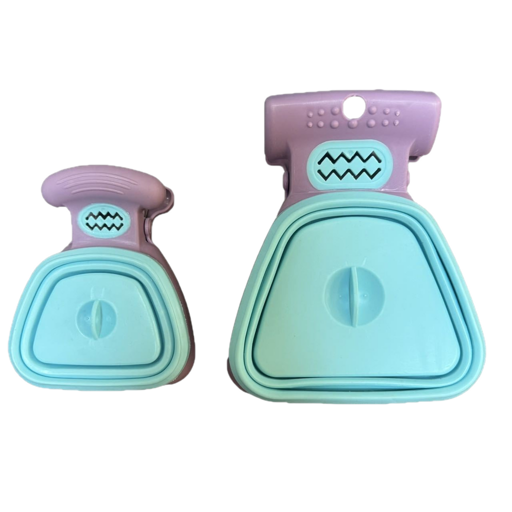 The Tailored Tail foldable dog poop scoopers in small and large sizes, featuring blue and purple PP and TPR construction.