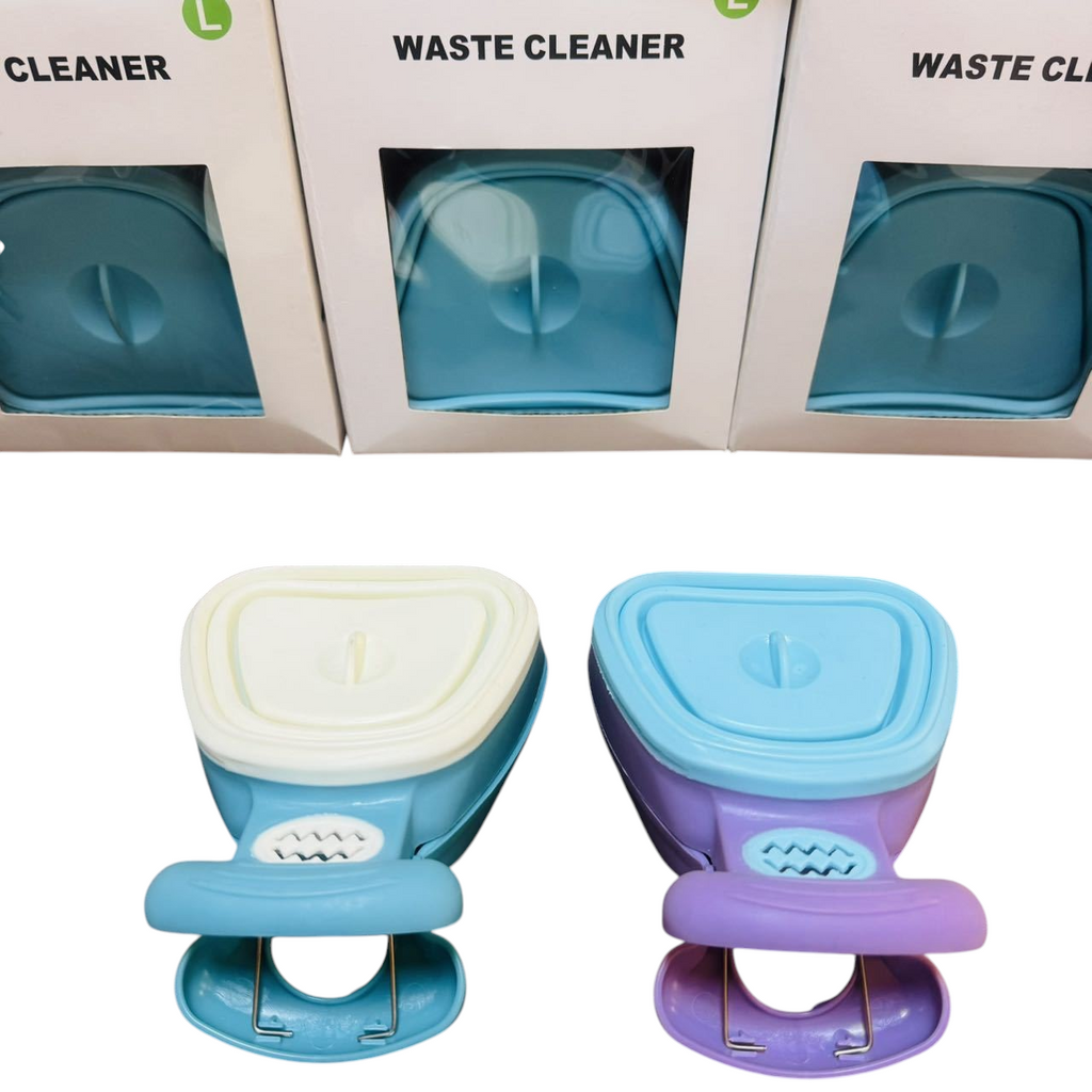 The Tailored Tail foldable dog poop scoopers in white and blue, made from durable PP and TPR for hygienic waste pickup.