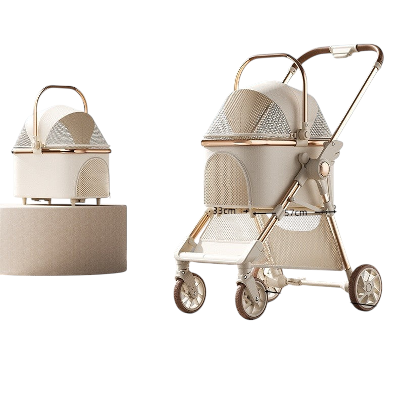 The Tailored Tail foldable pet stroller in off-white with a detachable basket and gold frame on a studio background