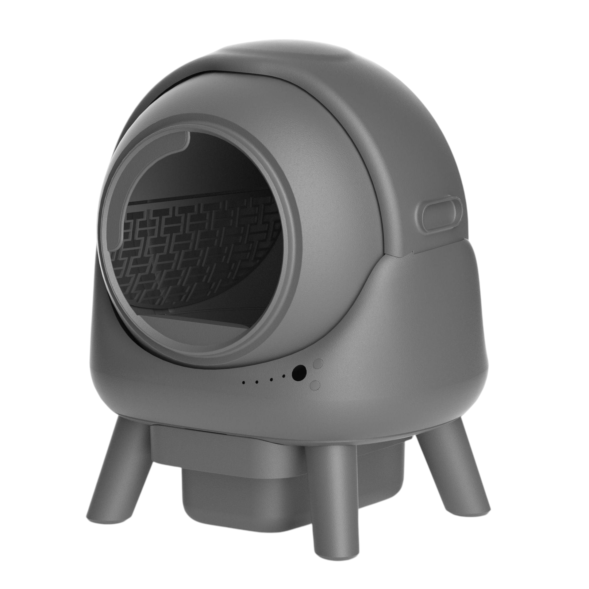 The Tailored Tail gray self-cleaning automatic cat litter box with a modern enclosed design and four sturdy legs.