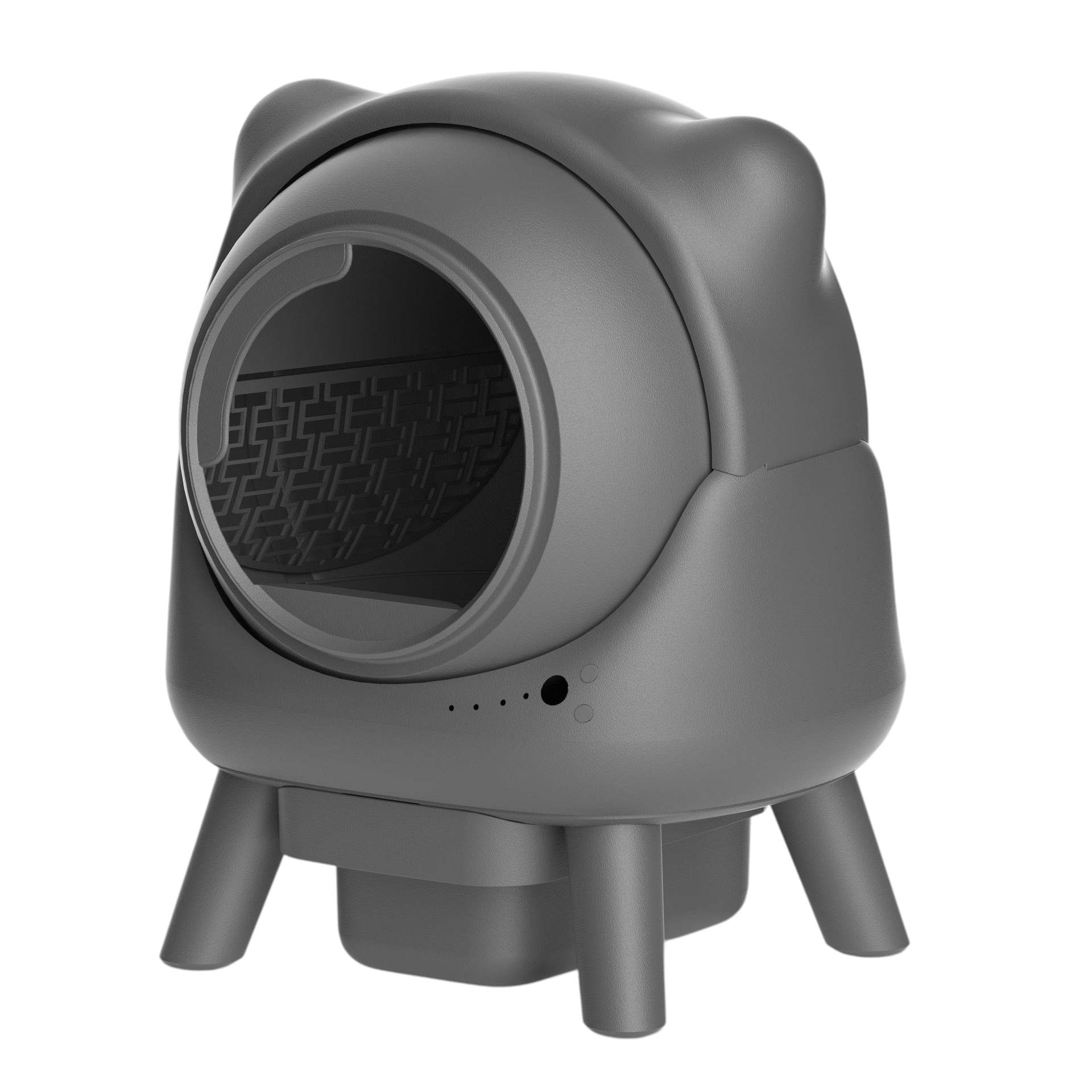 The Tailored Tail gray self-cleaning cat litter box with a cat-ear design and automatic motion-sensing technology.