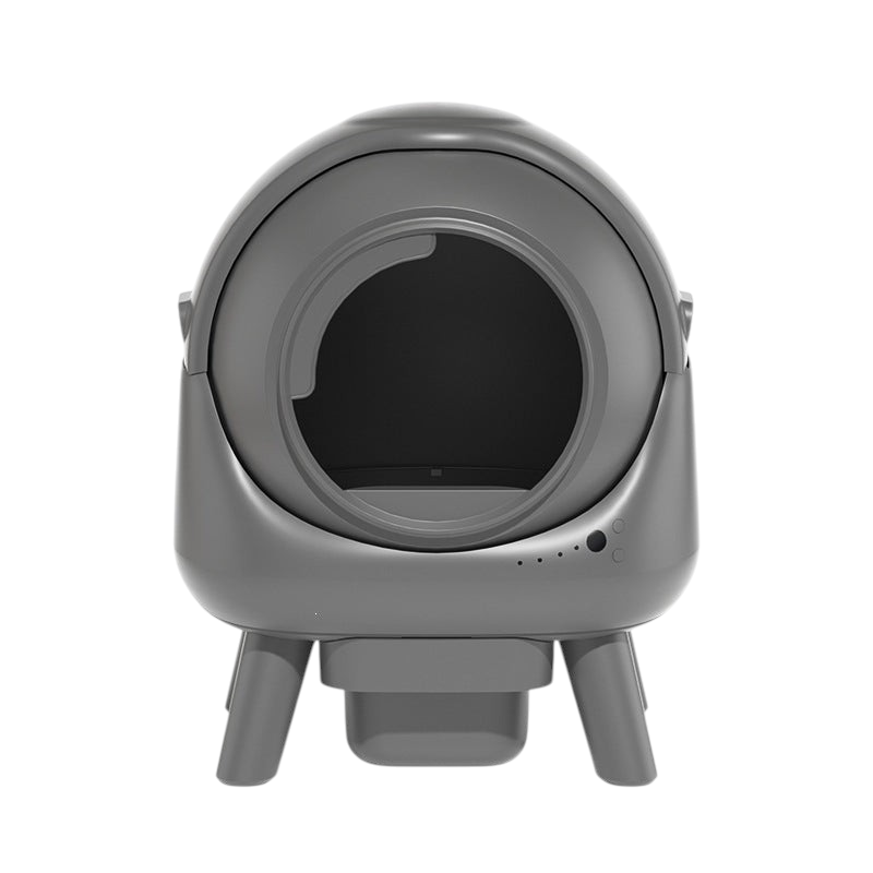 The Tailored Tail gray automatic self-cleaning cat litter box with a modern enclosed design and smart sensors.