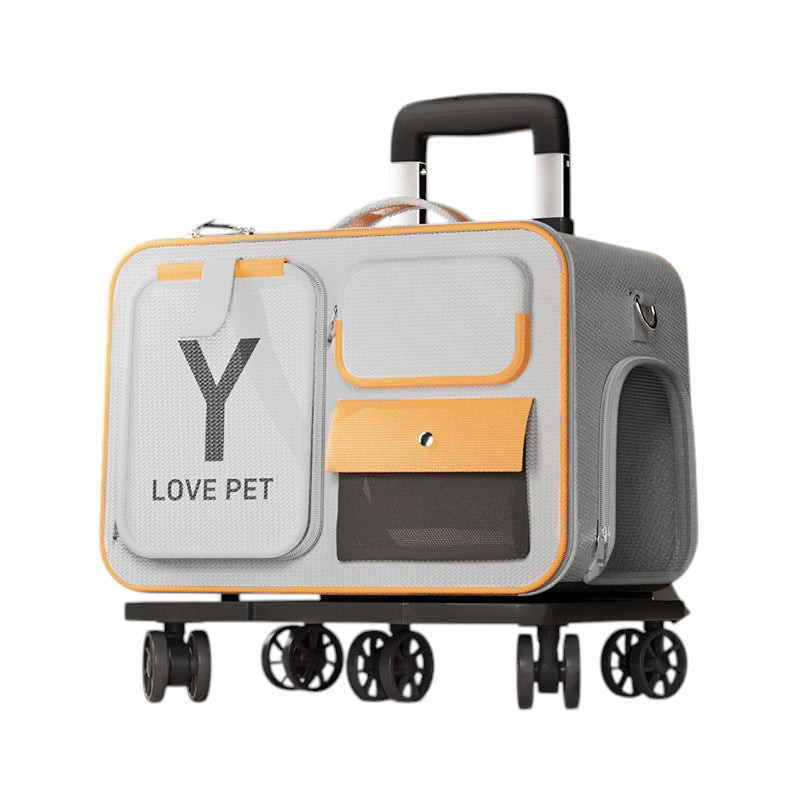 The Tailored Tail gray and yellow Oxford fabric pet trolley bag with wheels and multiple storage pockets