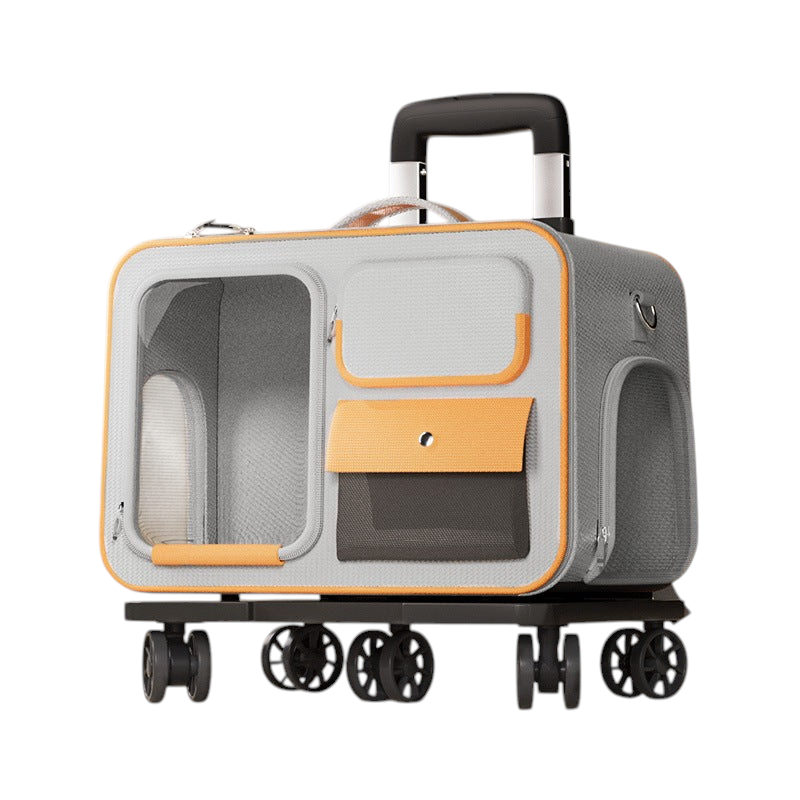 The Tailored Tail gray and yellow Oxford fabric pet travel trolley bag with a transparent window and wheels.
