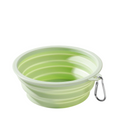 The Tailored Tail light green foldable silicone pet bowl with a metal carabiner for travel and outdoor use