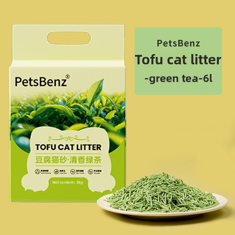 The Tailored Tail green tea scented tofu cat litter pellets in a 6L bag with low dust and flushable formula.