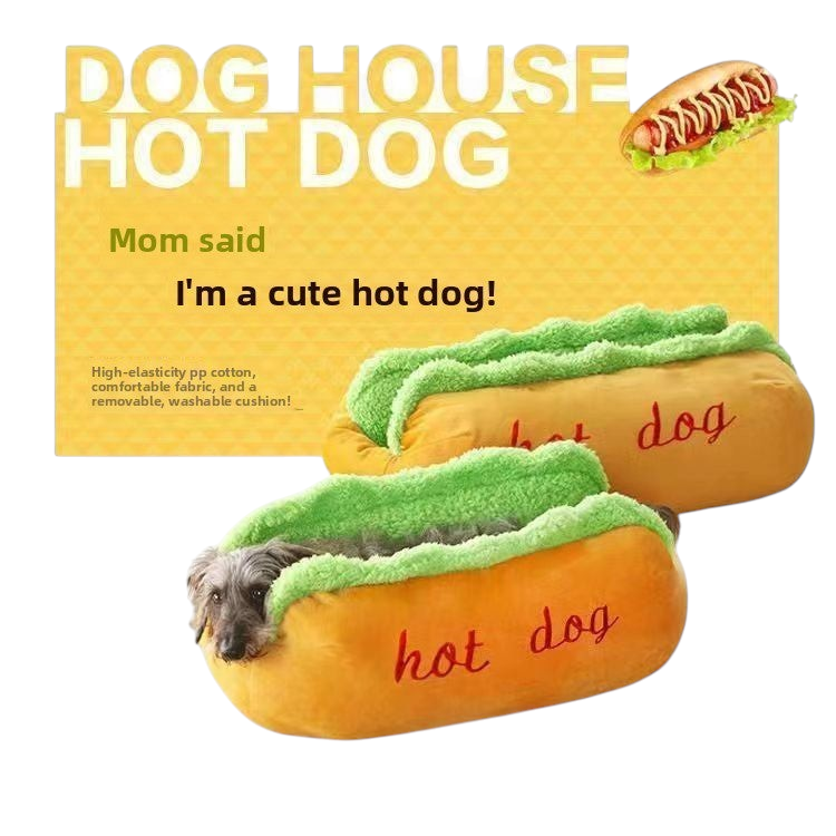 The Tailored Tail plush hot dog pet bed for small dogs and cats with a removable washable cushion