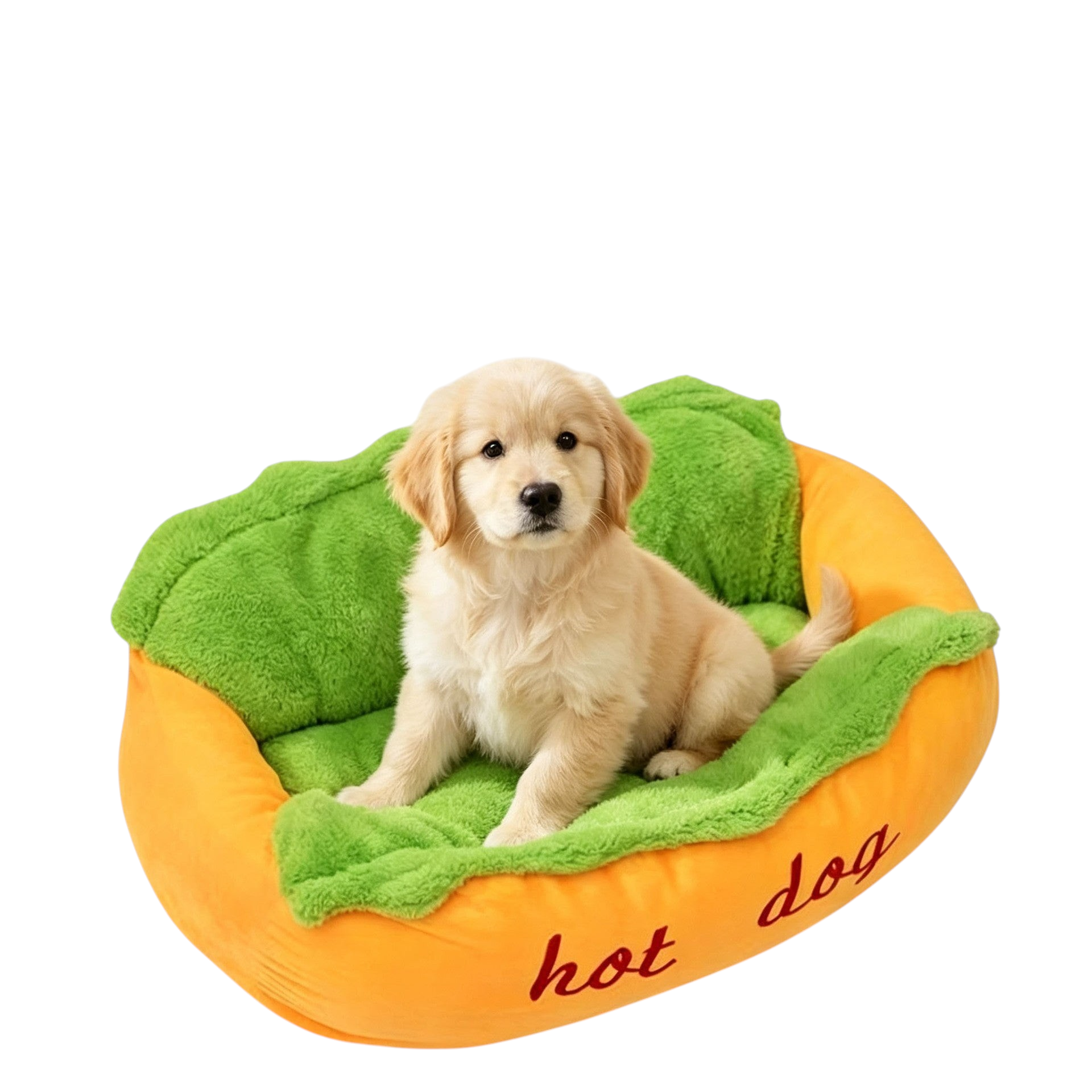 The Tailored Tail plush hot dog pet bed with a cute golden retriever puppy sitting inside on a soft green cushion.