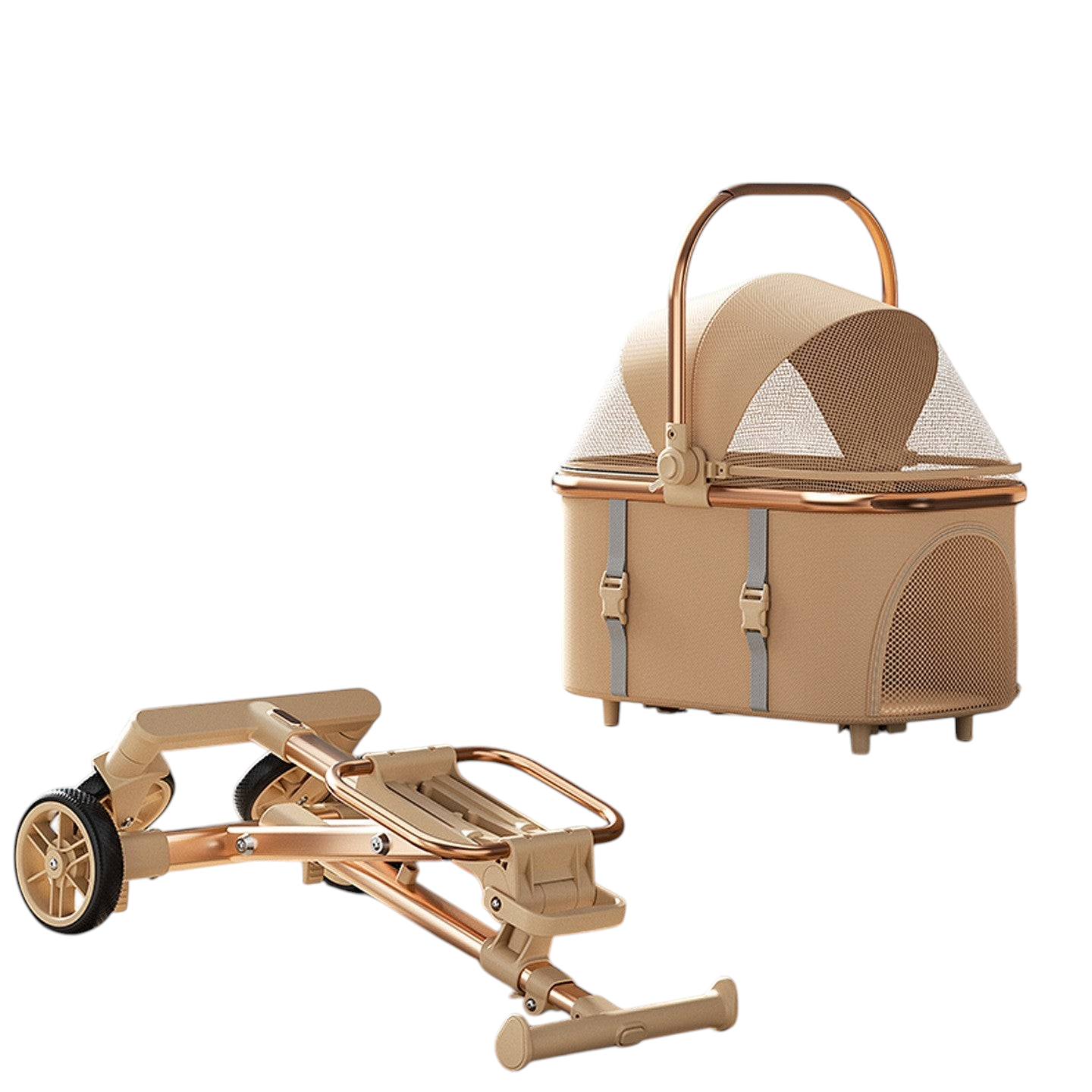 The Tailored Tail khaki foldable pet stroller with a detachable carrier basket and lightweight metal frame