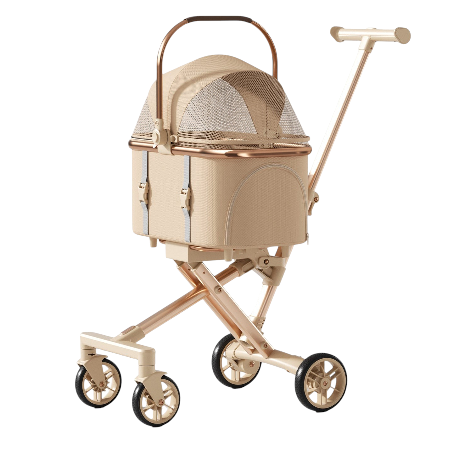 The Tailored Tail khaki foldable pet stroller with a detachable basket, mesh canopy, and rose gold frame.