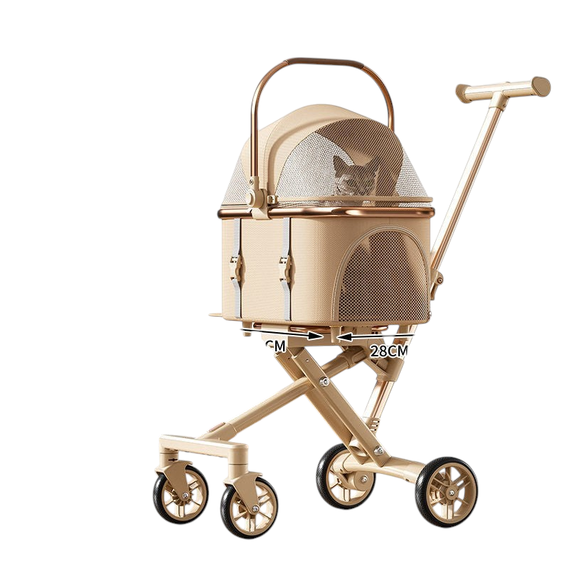 The Tailored Tail khaki foldable pet stroller with a detachable basket and mesh windows for a cat