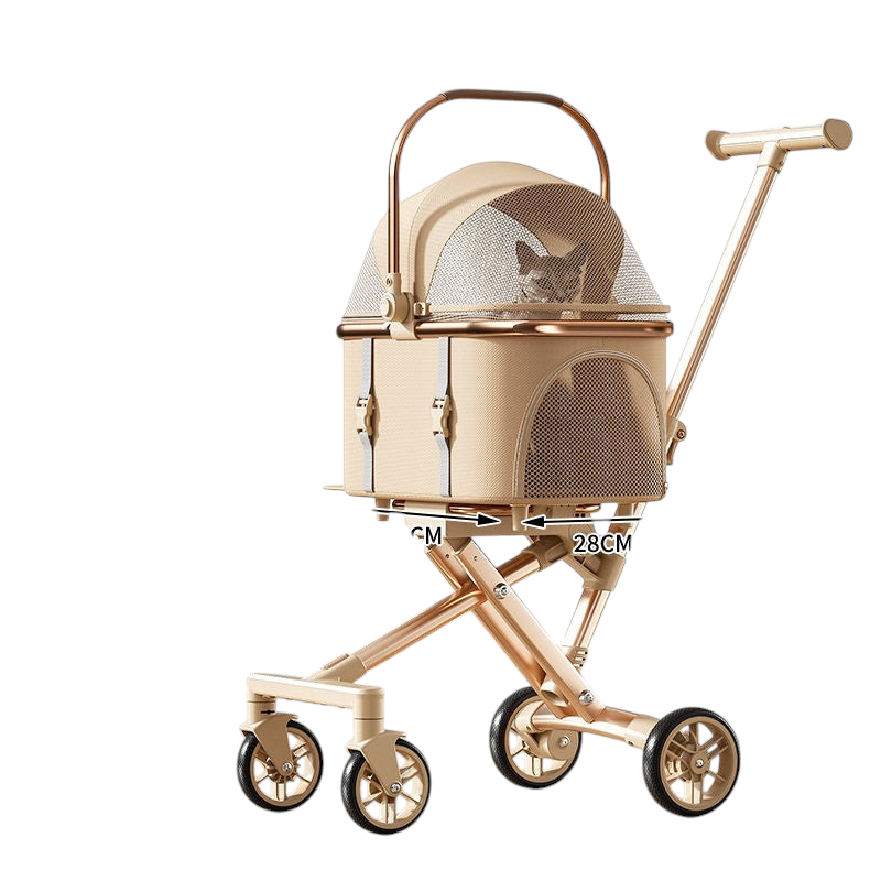 The Tailored Tail khaki foldable pet stroller with a detachable basket and mesh windows for dogs or cats