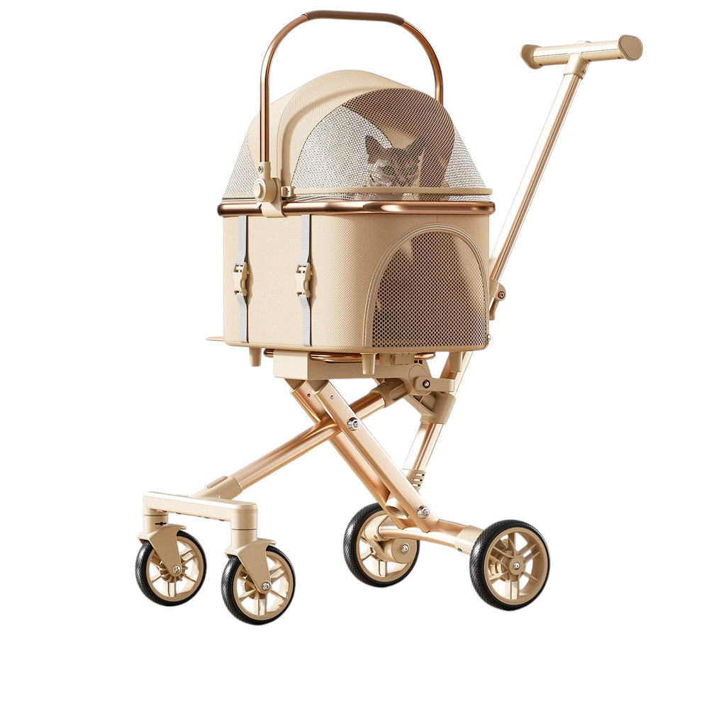 The Tailored Tail khaki foldable pet stroller with a detachable basket and mesh windows for cats or small dogs