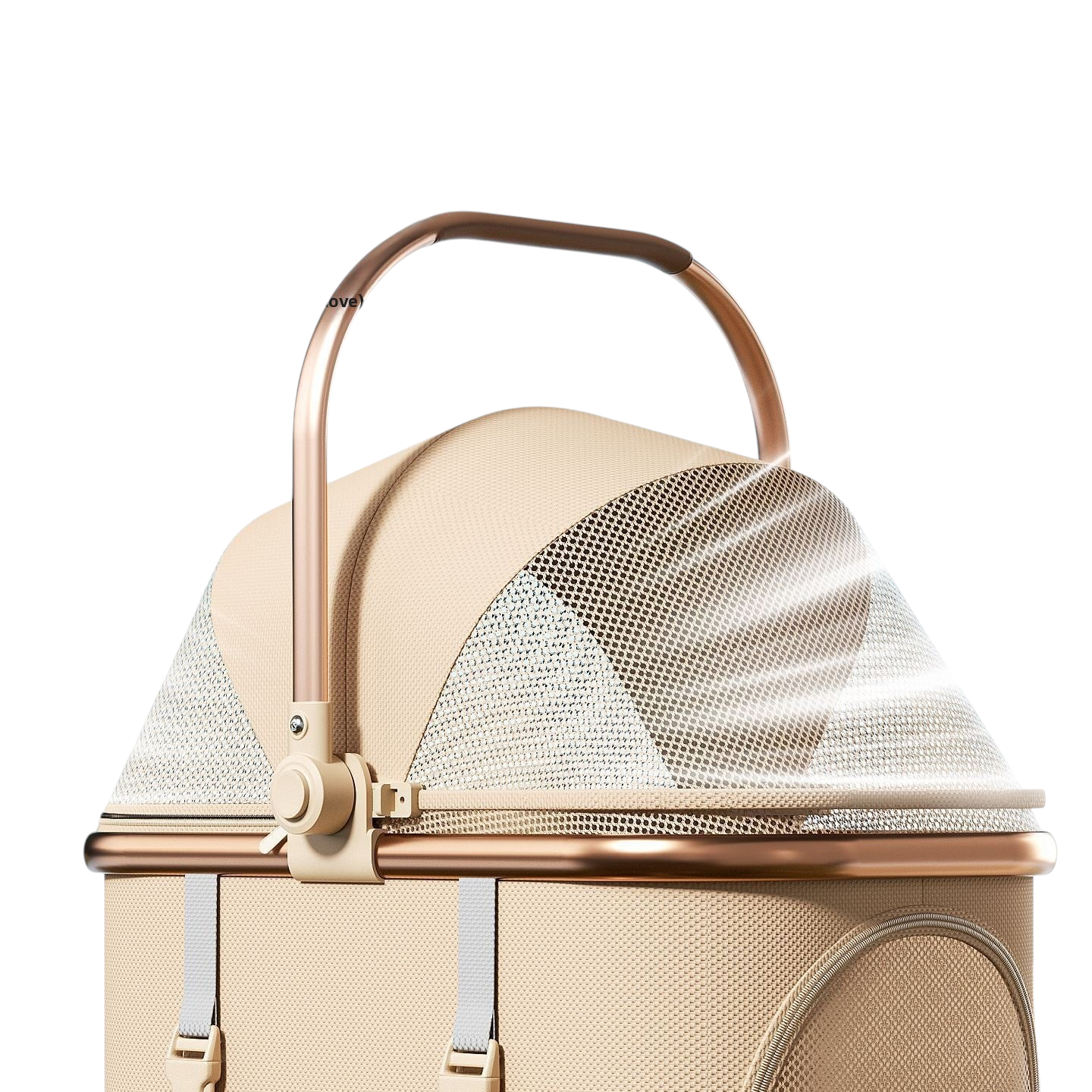 The Tailored Tail khaki foldable pet stroller detachable basket with mesh ventilation and rose gold handle