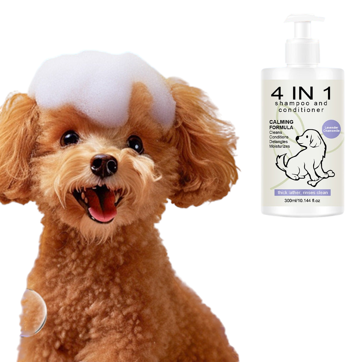 The Tailored Tail 4-in-1 lavender chamomile pet shampoo bottle next to a happy poodle with a bubbly lather on its head.