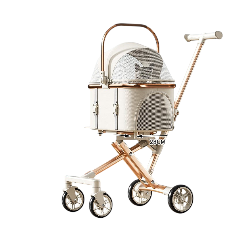 The Tailored Tail off-white foldable pet stroller with a detachable basket, rose gold frame, and mesh windows.