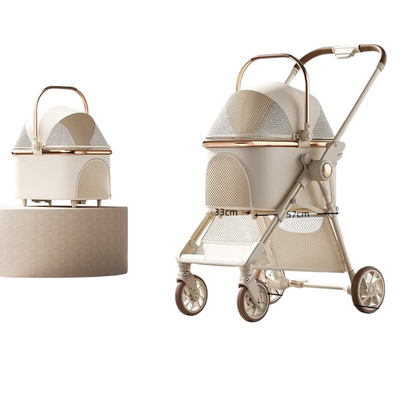The Tailored Tail off-white foldable pet stroller with a detachable basket and gold frame accents on a white background