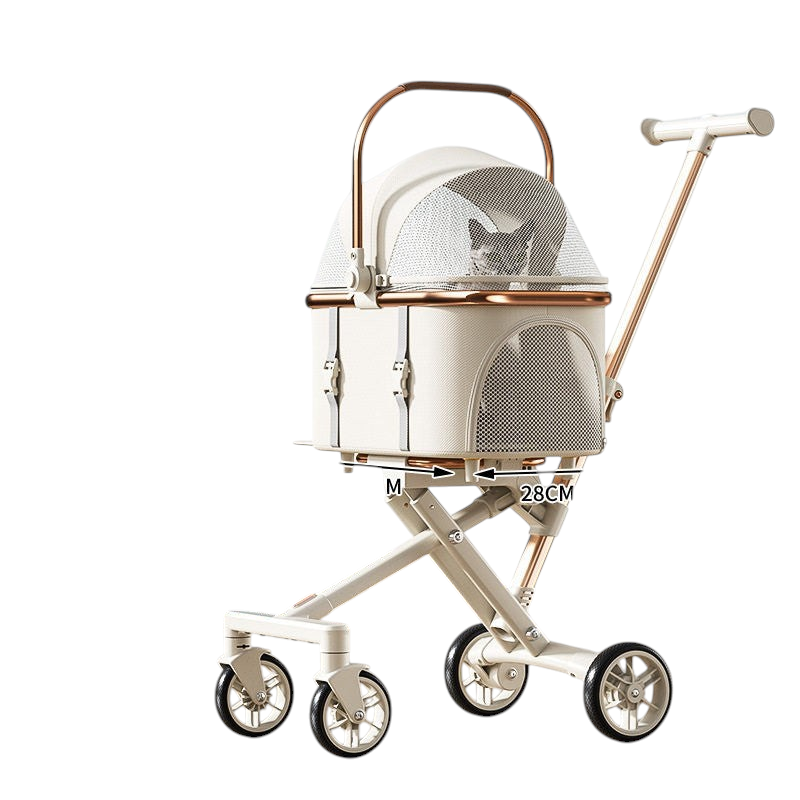 The Tailored Tail off-white foldable pet stroller with a detachable basket and mesh windows for cats or small dogs