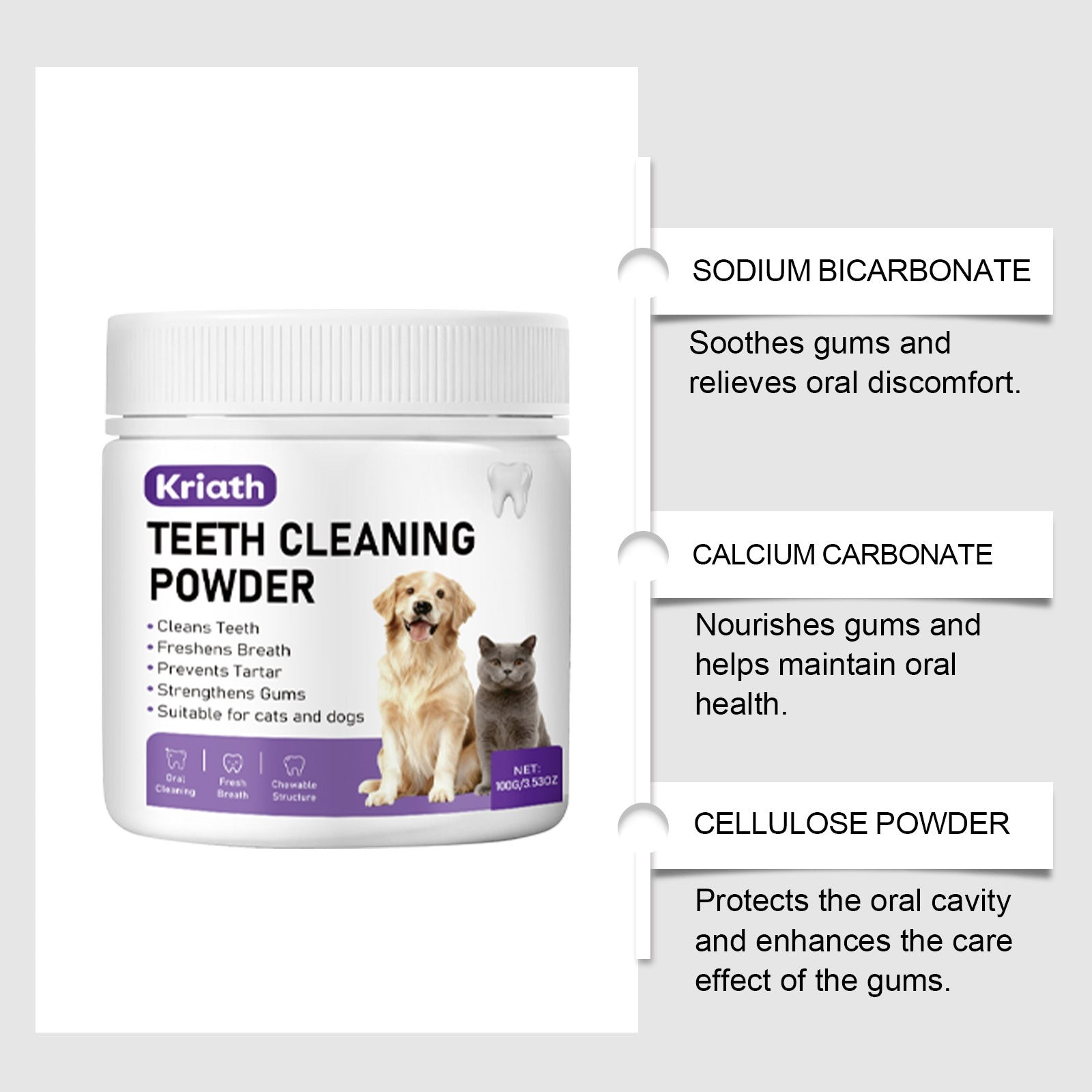 The Tailored Tail pet dental powder jar showing ingredients like sodium bicarbonate for cat and dog oral health